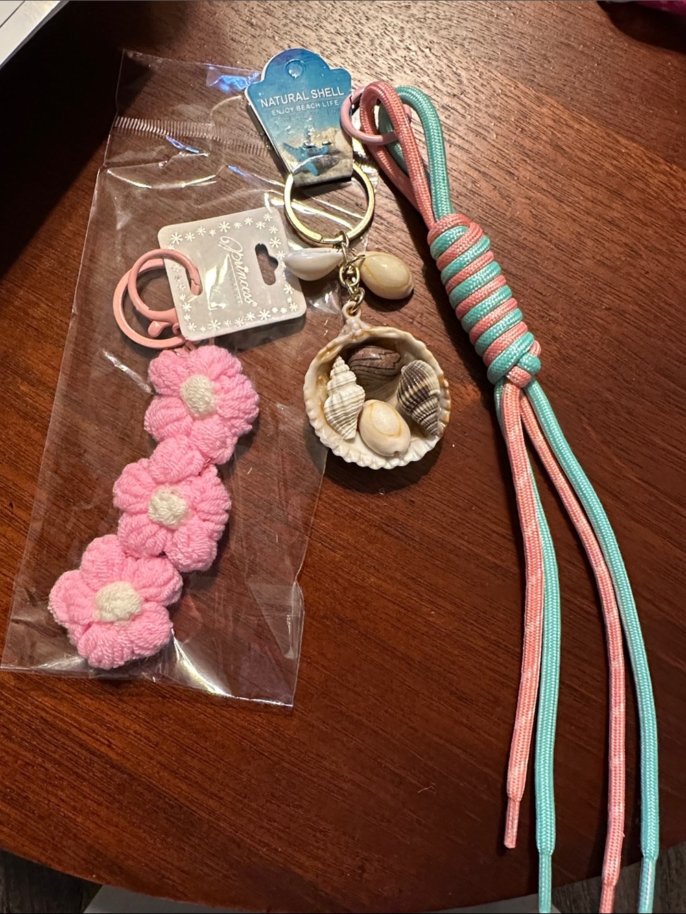 Set of Bag Charms including Shell Charm Keychain, Pink & Mint Tassel Shoelace